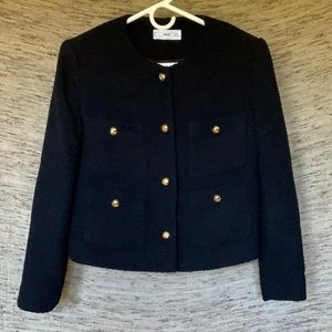 classic MANGO black cotton tweed jacket/blazer w/gold buttons, all-season